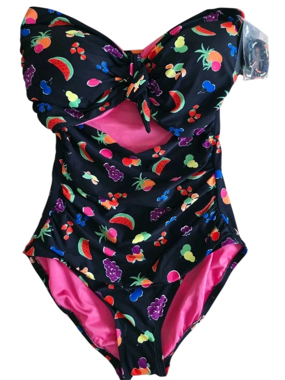 NWT kate spade Black Fruit-Print One-Piece Swimsuit with Pink Lining Medium